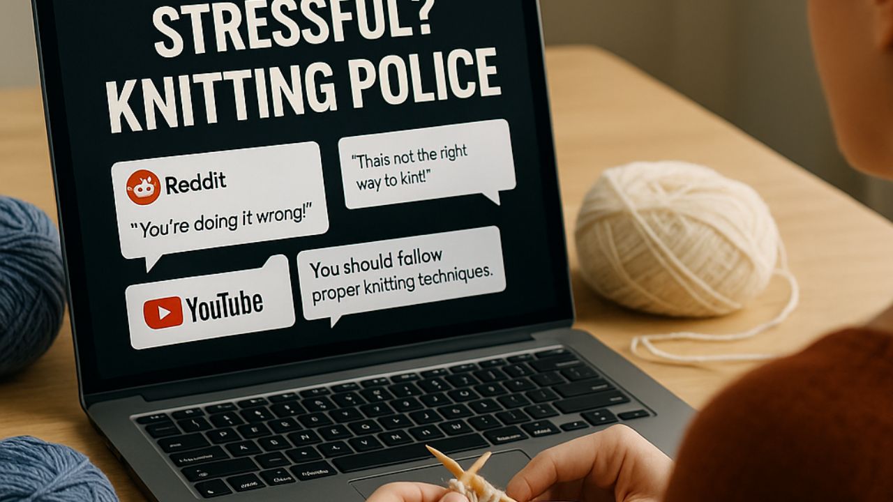 A knitter reading online comments from Reddit and YouTube while knitting, representing the “Knitting Police” issue in the global knitting community.