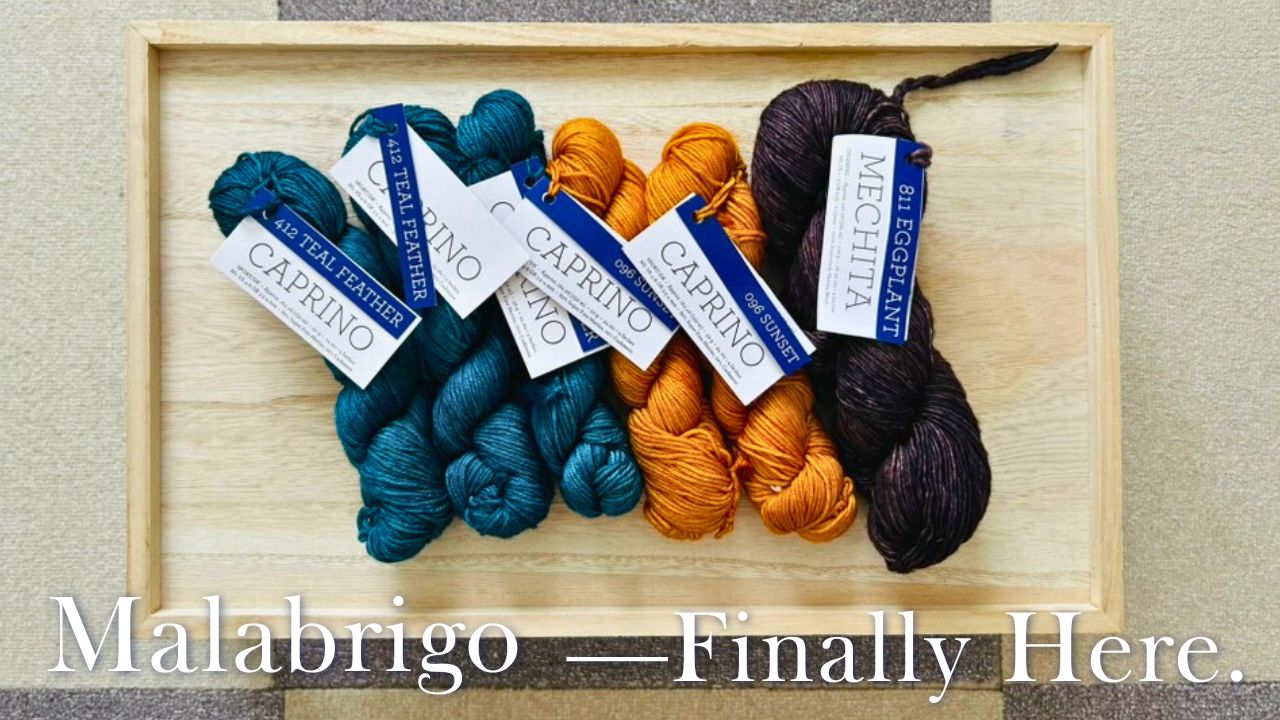 Malabrigo yarn in rich teal, orange, and purple — finally arrived from the U.S.