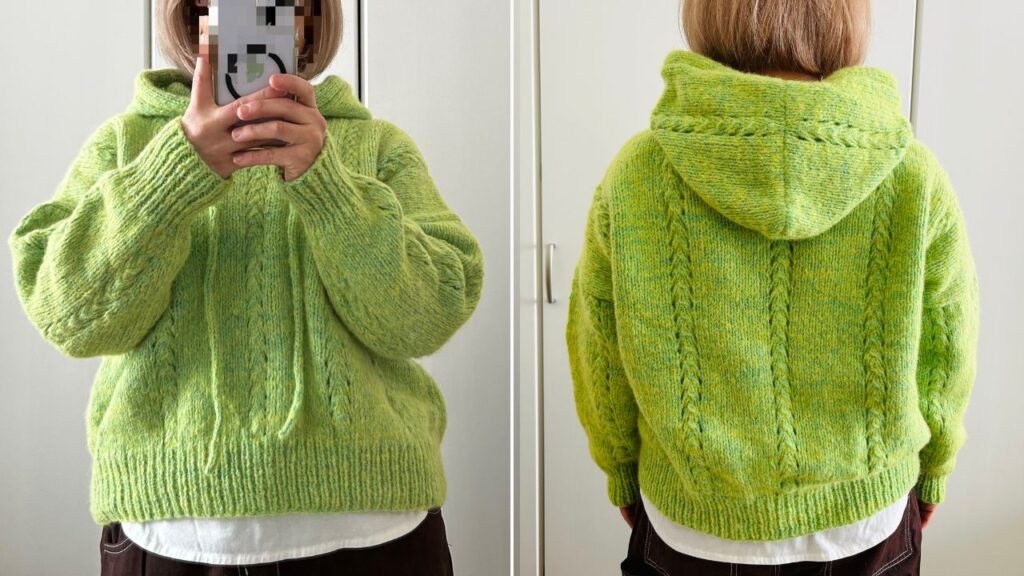 DARUMA GEEKで編んだプルオーバーRegolithの完成着画（前・後ろ）